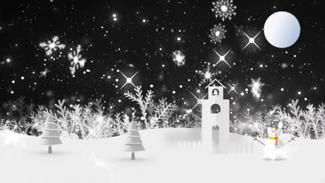 Snowflakes-and-sparkles-falling-against-snowscape-in-background