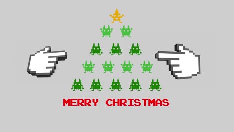 Frohe-Weihnachten-Text-Gegen-Videospiel-Weihnachtsbaum-Und-Zeigende-Hände