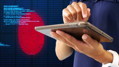 Woman-using-digital-tablet-against-Scanning-fingerprint-and-data-processing