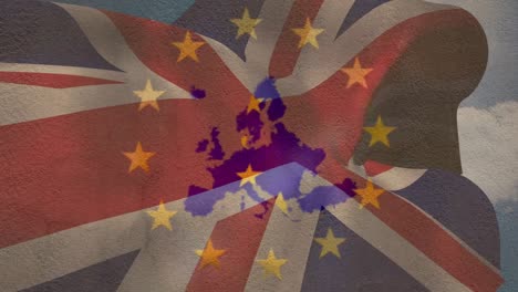 Karte-Der-EU-Mit-Gelben-Sternen,-Die-Sich-Vor-Wehender-Britischer-Flagge-Drehen