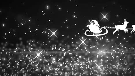 White-sparkles-and-glowing-spots-moving-against-Santa-Claus-flying-in-reindeer-sleigh-in-background-