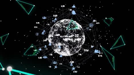 Digital-composite-video-of-web-of-connections-with-icons-forming-a-globe-against-black-background