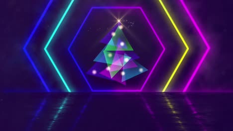 Digital-Christmas-tree-on-neon-hexagons-against-blue-background