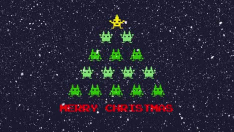 Frohe-Weihnachten-Text-Gegen-Videospiel-Weihnachtsbaum-Und-Fallende-Schneeflocken