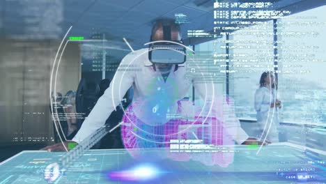 Digital-composite-video-of-financial-data-processing-with-interface-icons-against-man-wearing-vr