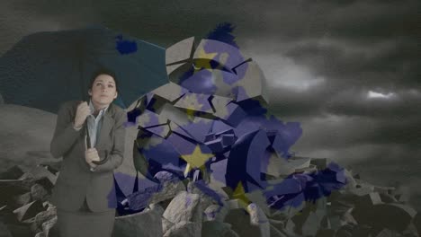 Woman-hiding-holding-umbrella-against-destroyed-Euro-symbol