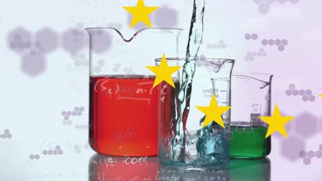 Digital-composite-video-of-yellow-stars-spinning-circles-against-chemical-being-poured-into-beaker
