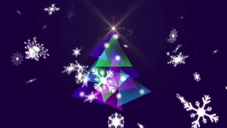 Snowflakes-falling-over-Digital-Christmas-tree-against-blue-background
