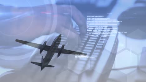 Datenverarbeitung-Gegen-Flugzeugfliegen-Und-Personentippen-Auf-Der-Tastatur