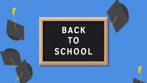 Back-To-School-text-on-blackboard-against-graduation-hats-falling