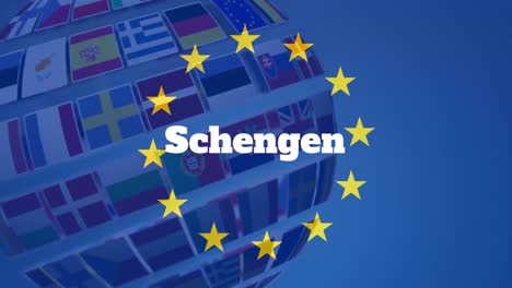 Yellow-stars-spinning-around-Schengen-text-against-globe-made-of-flags-of-european-countries