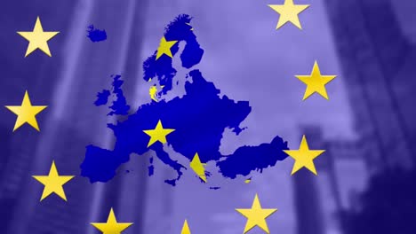 Sterne-Drehen-Sich-über-Der-EU-Karte-Aus-EU-Flagge-Vor-Hohen-Gebäuden