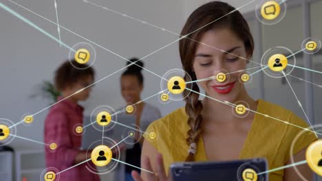 Web-of-connection-icons-against-woman-smiling