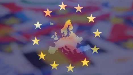 Gelbe-Sterne-Drehen-Sich-Um-Die-EU-Karte-Vor-Den-Flaggen-Europäischer-Länder
