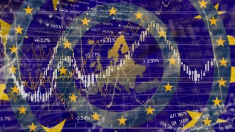 Gelbe-Sterne-Auf-Beweglichen-Blauen-Kreisen-Vor-Finanzdatenverarbeitung-Und-EU-Karte