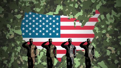 Cuatro-Figuras-De-Soldados-Saludando-Sobre-La-Bandera-Americana-Formando-Un-Mapa-Contra-El-Fondo-De-Camuflaje
