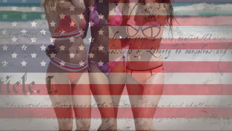 Animation-of-American-flag-waving-on-constitution-text-multi-ethnic-female
