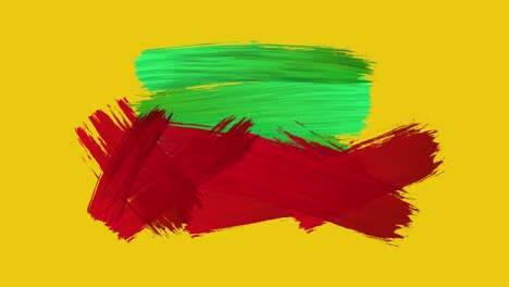 Animation-of-strokes-of-red-and-green-paint-appearing-on-yellow-background.