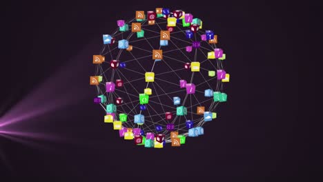 Animation-of-network-of-connections-forming-spinning-globe-with-icons-moving-in-seamless-loop