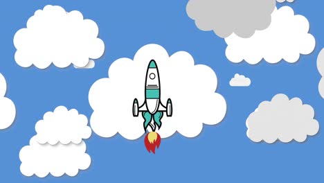 Animation-of-spaceship-rocket-taking-off-with-cut-outs-of-white-clouds