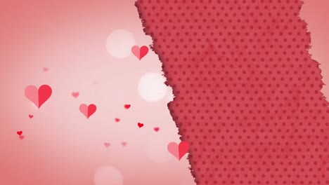 Animation-of-multiple-red-and-pink-hearts-floating-on-torn-pink-paper-with-dots-on-pink-background