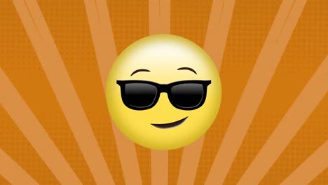 Animation-of-cool-emoji-icon-in-sunglasses-on-rotating-orange-stripes-moving-in-seamless-loop
