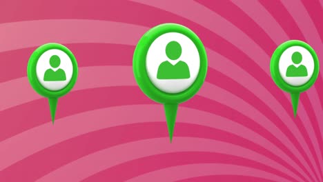 Animation-of-three-green-person-social-media-icons-over-rotating-stripes-moving-in-seamless-loop-
