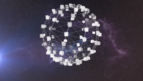 Animation-of-network-of-connections-forming-spinning-globe-with-icons-moving-in-seamles-loop