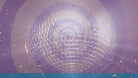 Animation-of-a-disco-ball-with-golden-confetti-on-a-purple-rotating-spiral