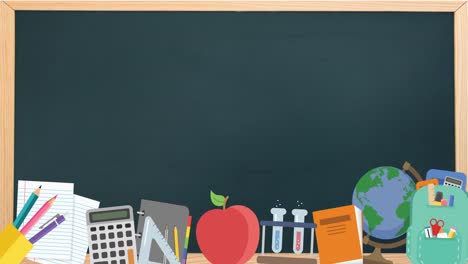 Animation-of-multiple-school-materials-moving--on-a-blackboard