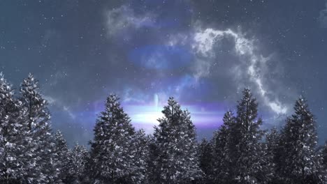 Animation-of-blue-glowing-shooting-star-and-clouds-moving-over-winter-landscape-on-night-sky