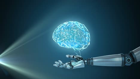 Animation-of-3d-blue-glowing-human-brain-rotating-with-robot-arm-on-glowing-blue-background