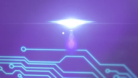 Animation-of-close-up-of-computer-circuit-board-elements-with-spot-of-light-on-purple-background