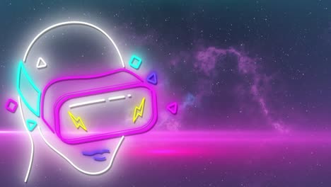 Animation-of-neon-head-wearing-VR-headset-in-seamless-loop-over-purple-clouds
