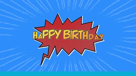 Animation-of-Happy-Birthday-written-in-yellow-on-a-red-cartoon-bubble-on-a-blue-background