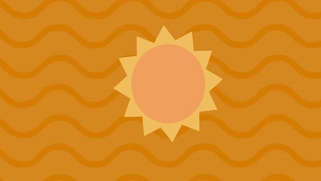 Animation-Einer-Rotierenden-Sonne,-Die-Sich-In-Einer-Nahtlosen-Schleife-über-Wellen-Auf-Orangefarbenem-Hintergrund-Bewegt