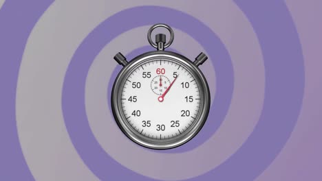 Animation-of-stopwatch-ticking-over-rotating-purple-stripes-moving-in-seamless-loop