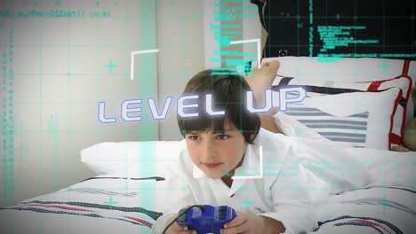 Level-Up-Text-Gegen-Jungen,-Der-Videospiele-Spielt