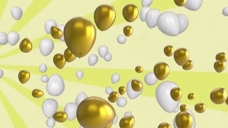 Animation-of-balloons-floating-over-rotating-yellow-stripes-moving-in-seamless-loop