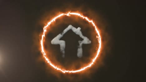 Animation-of-ring-of-fire-with-house-icon-of-smoke-inside-it-and-glowing-spot-on-grey-background