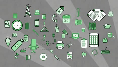 Animation-of-multiple-green-school-icons-moving-on-grey-striped-background