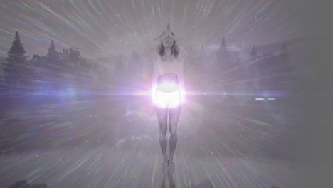 Animation-Einer-Frau,-Die-Yoga-Praktiziert,-Mit-Leuchtend-Weißem-Licht,-Das-Sich-Im-Vordergrund-Bewegt