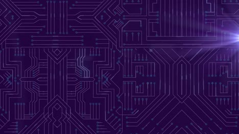 Animation-of-computer-circuit-board-digital-data-processing-with-light-trails-on-purple-background