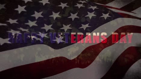 Animation-Der-Amerikanischen-Flagge,-Die-über-Dem-Text-„Happy-Veterans-Day“-Mit-Einheitlichem-Tarnmuster-Weht