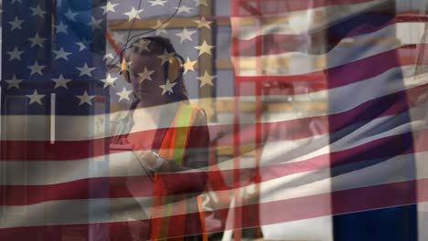 Animation-of-American-flag-waving-over-woman-in-the-background