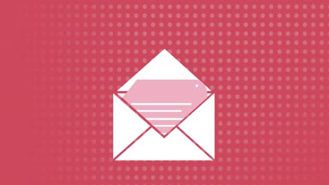 Animation-of-white-envelope-email-icon-on-rows-of-dots-on-red-background