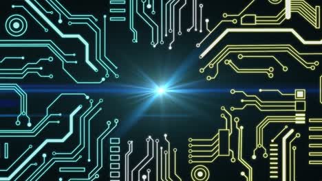 Animation-of-computer-circuit-board-digital-data-processing-with-light-trails-on-blue-background