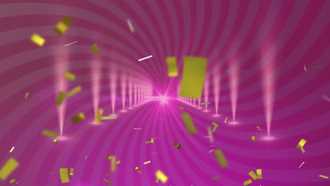 Animation-Eines-Korridors-Mit-Lichtern-Und-Vergoldetem-Konfetti-Auf-Einem-Violetten,-Rotierenden-Hintergrund