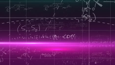 Animation-of-mathematical-formulae-and-data-processing-with-glowing-spot-on-purple-background