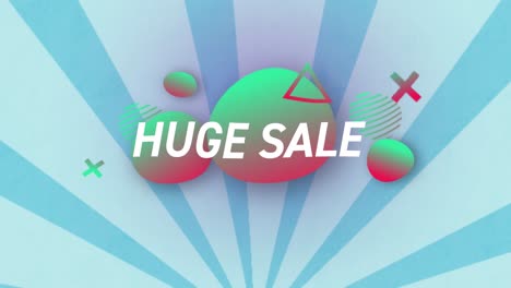 Animation-of-huge-sales-written-in-white-on-pink-and-green-bubbles-on-a-blue-rotating-background.